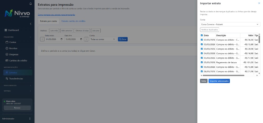 Importação e exportação de extratos no Nivvo