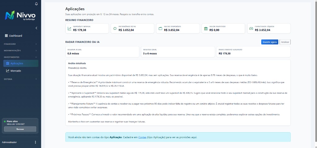 Radar financeiro com IA no Nivvo